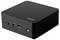 Ein kompakter, schwarzer Mini-PC mit dem Logo auf der Oberseite. Die Frontplatte enthält USB-Anschlüsse, Audioeingang, Einschaltknopf und LED-Anzeige.