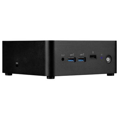 Ein kleiner, schwarzer Computer mit USB-Anschlüssen, einem Einschaltknopf auf der Vorderseite und einem kompakten Design, steht auf einer flachen Oberfläche.