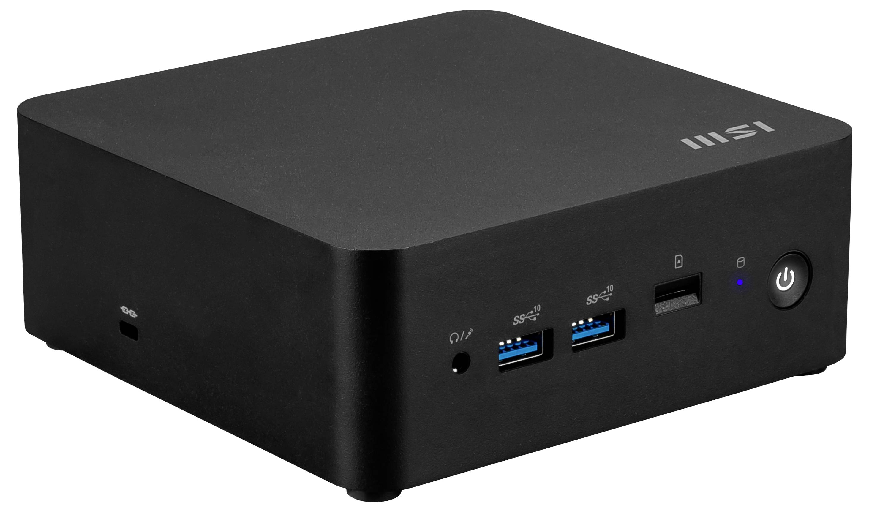 Ein schwarzer Mini-Computer mit dem Markenlogo, ausgestattet mit mehreren Anschlüssen einschließlich USB und Einschaltknopf auf der Frontseite.