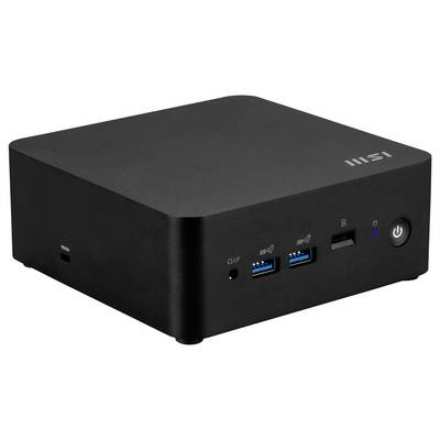 Ein schwarzer Mini-Computer mit dem Markenlogo, ausgestattet mit mehreren Anschlüssen einschließlich USB und Einschaltknopf auf der Frontseite.