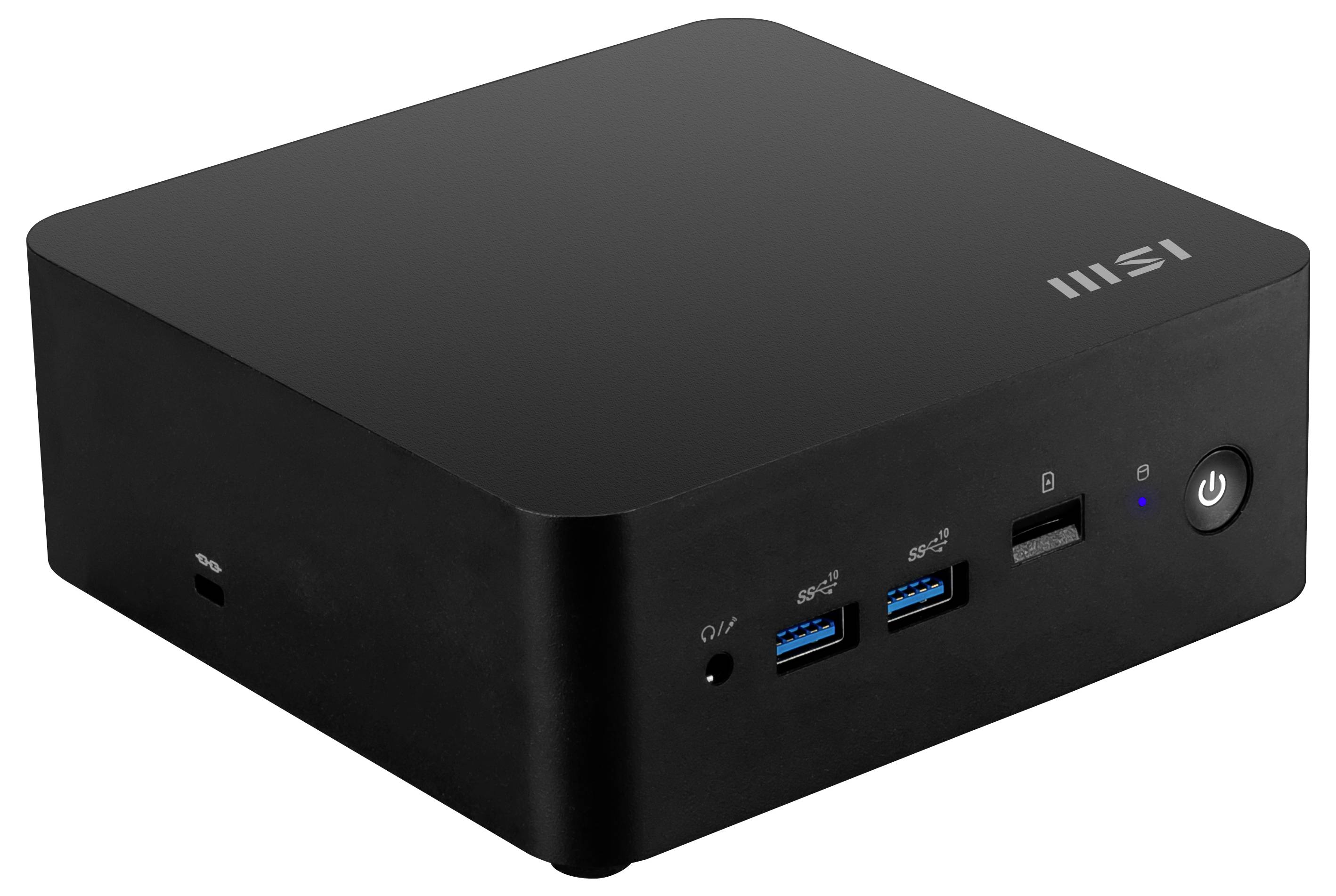 Ein kleiner schwarzer Desktop-Computer mit zwei USB-Anschlüssen, einem Audioeingang, einem HDMI-Anschluss und einem Einschaltknopf an der Vorderseite. Logo auf der Oberseite.