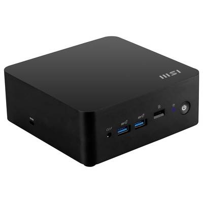 Ein kleiner schwarzer Desktop-Computer mit zwei USB-Anschlüssen, einem Audioeingang, einem HDMI-Anschluss und einem Einschaltknopf an der Vorderseite. Logo auf der Oberseite.