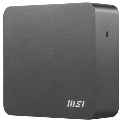 Ein kompakter, schwarzer MSI Mini-PC mit elegantem Design und dem MSI-Logo auf der Vorderseite.