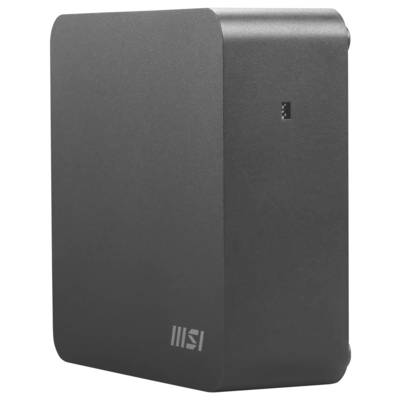 Ein schlankes, schwarzes MSI-Computergehäuse mit minimalistischem Design und einem kleinen USB-Anschluss an der Seite.