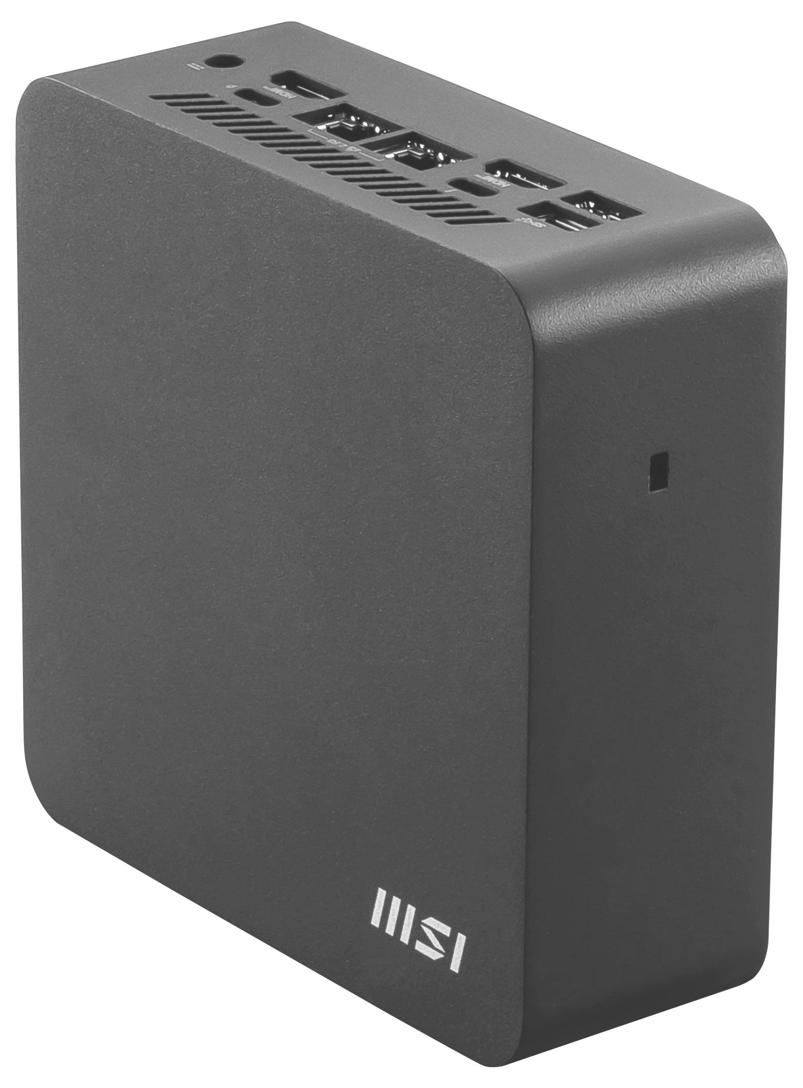 Ein kompakter schwarzer Mini-PC mit mehreren USB-Anschlüssen und Belüftung auf der Oberseite. Das MSI-Logo ist in der unteren Ecke sichtbar.