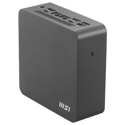 Ein kompakter schwarzer Mini-PC mit mehreren USB-Anschlüssen und Belüftung auf der Oberseite. Das MSI-Logo ist in der unteren Ecke sichtbar.