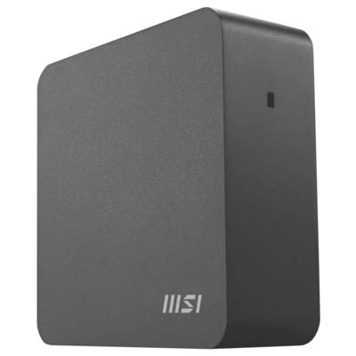 Ein schlanker, schwarzer MSI-Desktop-Computer, der aufrecht steht, mit minimalistischem Design und einer einzelnen Anzeige-LED auf der Frontplatte.