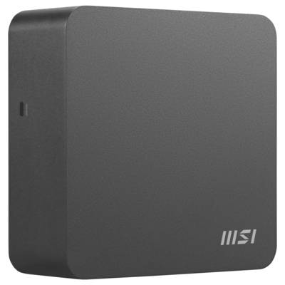 Ein kompakter, schwarzer MSI-Desktop-Computer mit einem einfachen, minimalistischen Design und dezenten Markierungen in der Ecke.