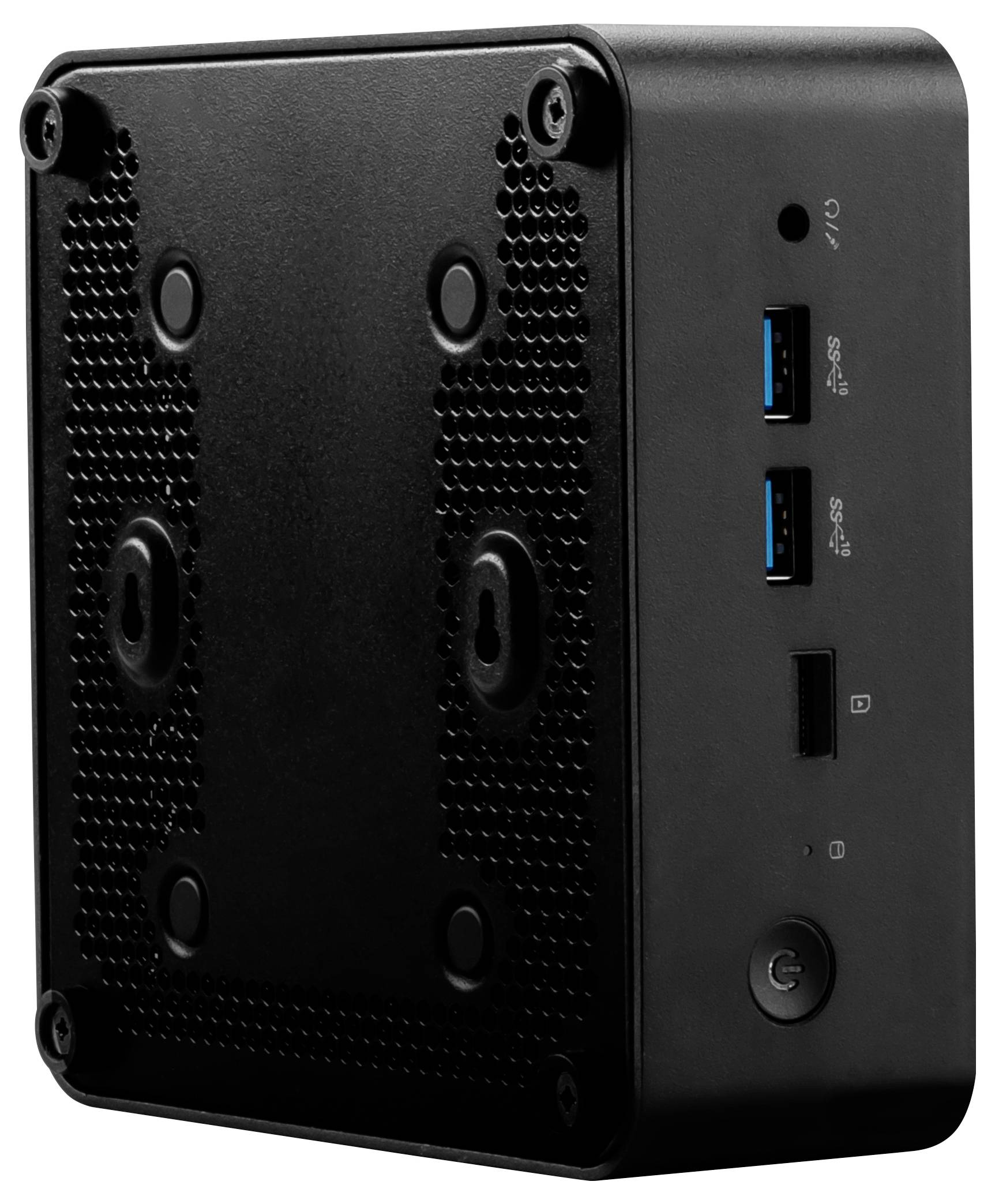 Ein kompaktes schwarzes elektronisches Gerät mit USB-Anschlüssen, einem Einschaltknopf und Lüftungslöchern, möglicherweise ein Mini-Computer oder Media-Hub.