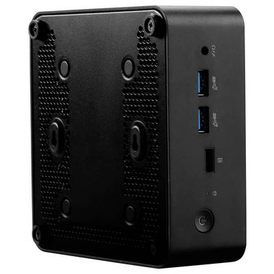 Ein kompaktes schwarzes elektronisches Gerät mit USB-Anschlüssen, einem Einschaltknopf und Lüftungslöchern, möglicherweise ein Mini-Computer oder Media-Hub.
