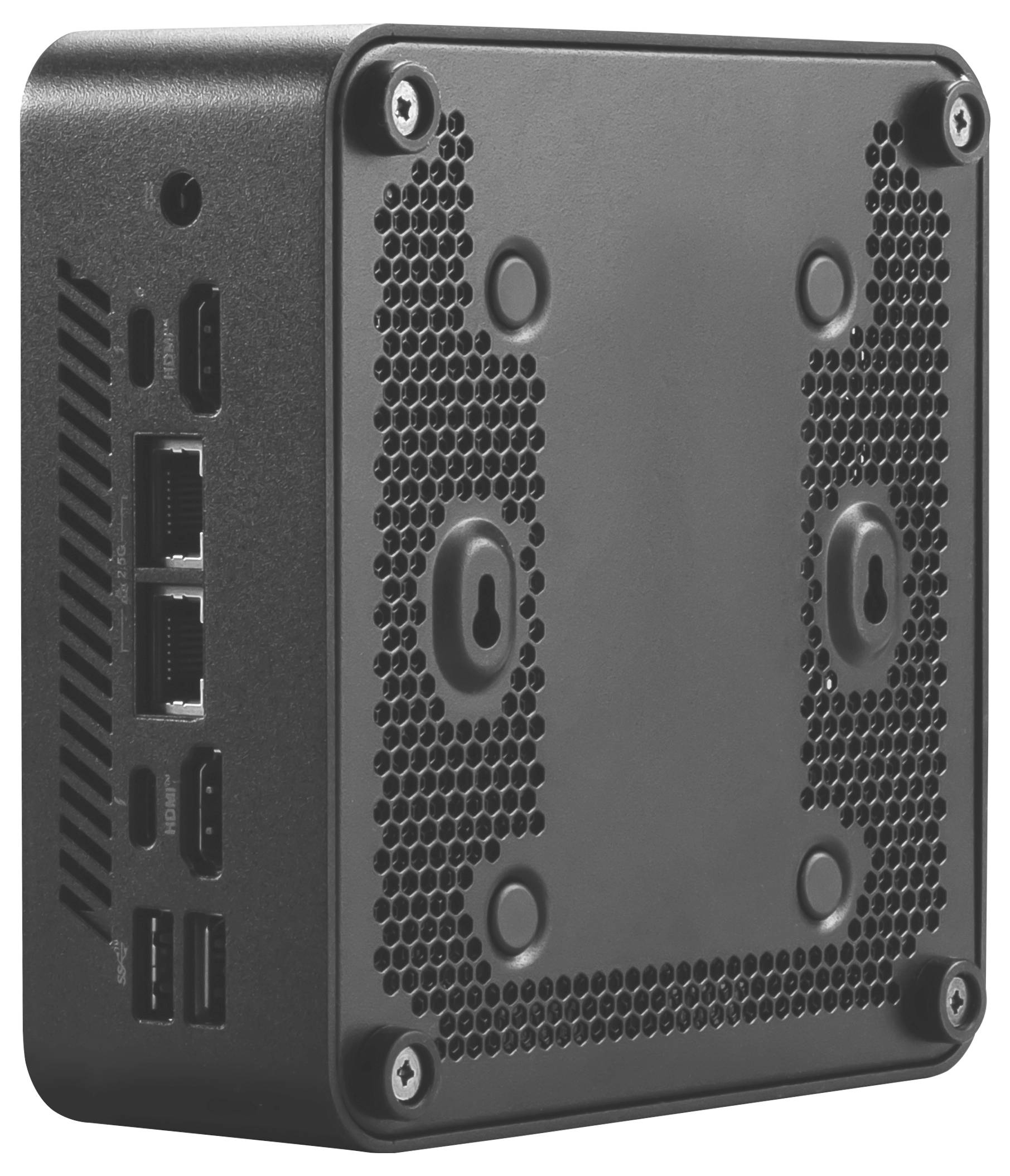Kompaktes schwarzes Computergerät mit verschiedenen Anschlüssen an der Seite, darunter USB, Ethernet und HDMI, geeignet für den Einsatz auf dem Schreibtisch oder zur Wandmontage.