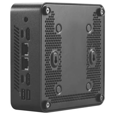 Kompaktes schwarzes Computergerät mit verschiedenen Anschlüssen an der Seite, darunter USB, Ethernet und HDMI, geeignet für den Einsatz auf dem Schreibtisch oder zur Wandmontage.