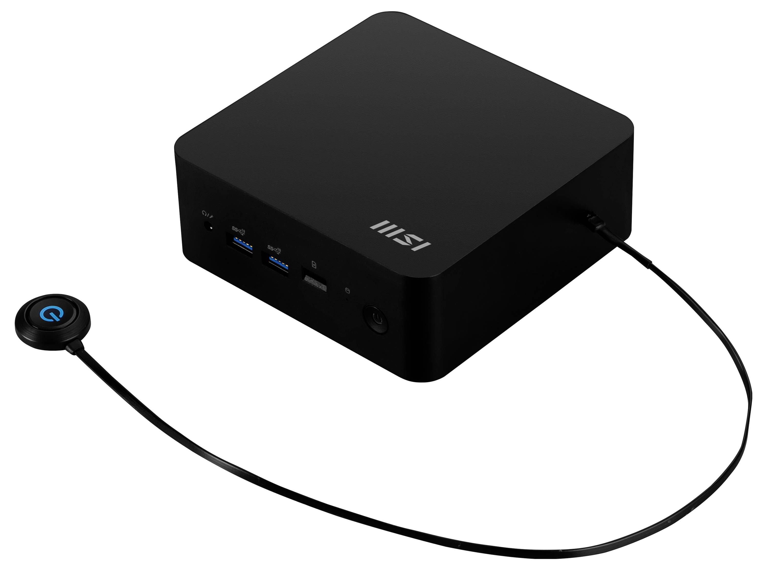 Ein schwarzes elektronisches Gerät mit mehreren Anschlüssen auf der Vorderseite, das über ein Kabel mit einem runden Knopf verbunden ist, wahrscheinlich Teil eines Computeraufbaus.
