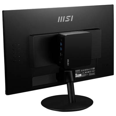 Das Bild zeigt die Rückansicht eines schwarzen MSI-Computermonitors mit einem rechteckigen Gerät, das an seinem Ständer befestigt ist.
