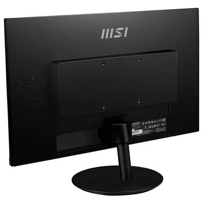 Das Bild zeigt die Rückansicht eines schwarzen Computermonitors mit einem Ständer, mehreren Anschlüssen und einem MSI-Logo oben.