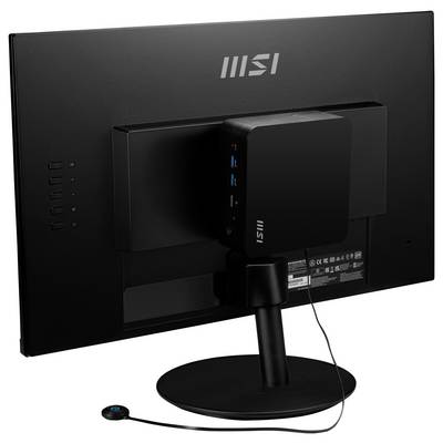Ein Desktop-Computer mit einem eleganten, schwarzen Monitor von MSI, der ein minimalistisches Rückdesign und Anschlussports an der Rückseite offenbart.
