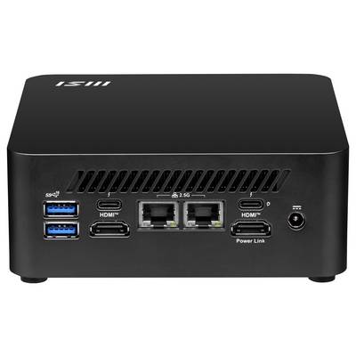 Ein kleiner schwarzer Computer-Hub mit mehreren Anschlüssen, darunter USB, HDMI, Ethernet und Stromverbindungen, der für Konnektivität und Datentransfer entwickelt wurde.