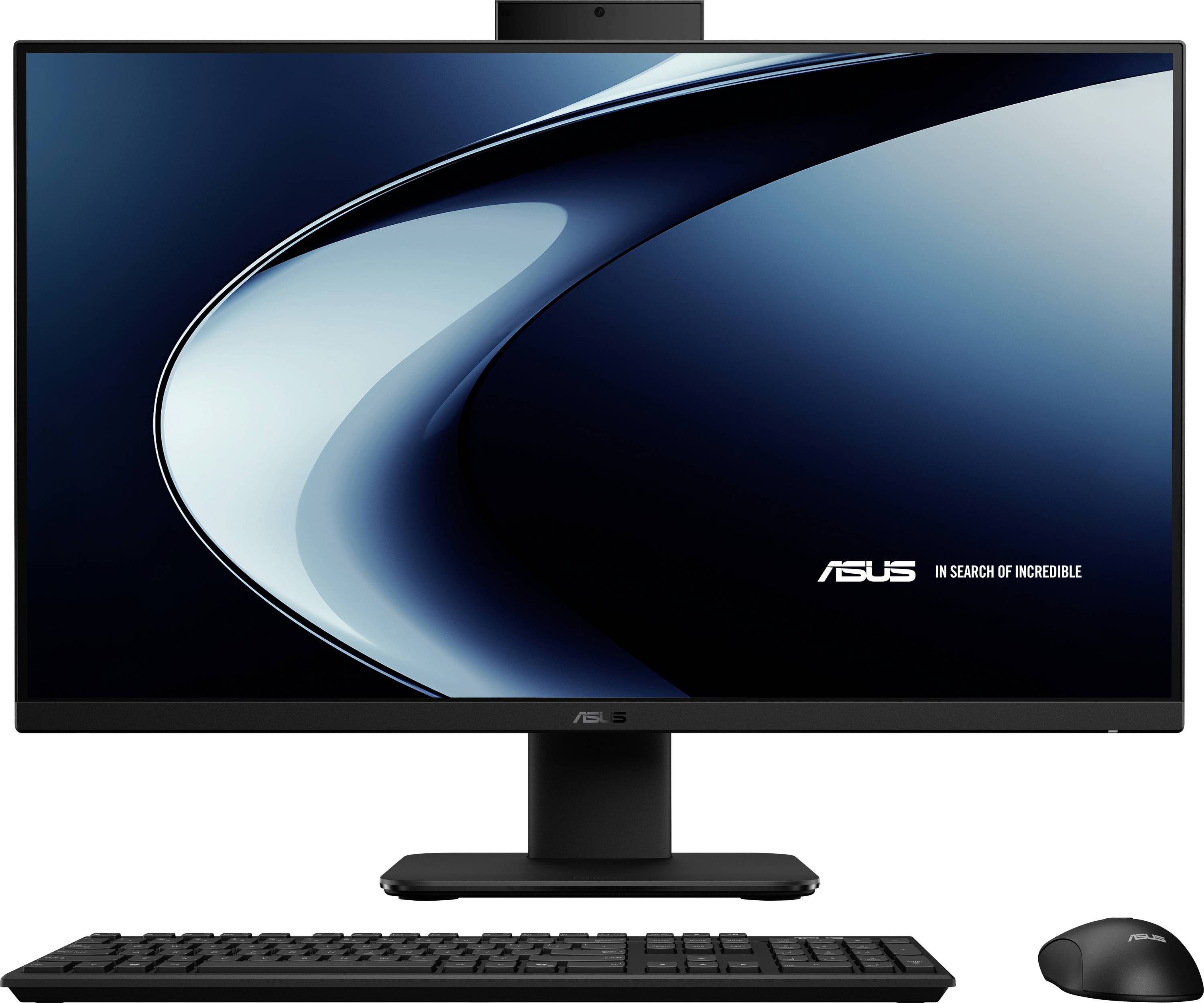Ein schlanker Desktop-Computer mit einem großen Monitor, auf dem das ASUS-Logo und der Schriftzug "Auf der Suche nach dem Unglaublichen" zu sehen sind. Ausgestattet mit einer Tastatur und einer Maus.