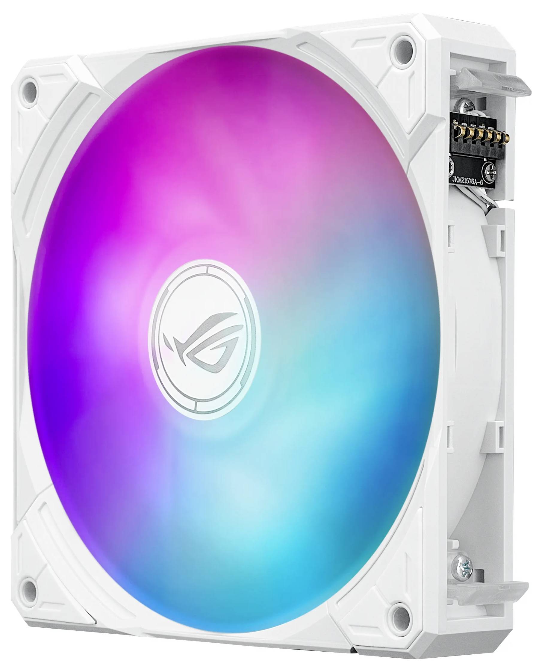 Ein weißer Computer-Kühlventilator mit RGB-Beleuchtung, die Rosa-, Violett- und Blautöne zeigt. Der Ventilator verfügt über ein kreisrundes Logo in der Mitte.