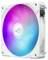 Ein weißer Computer-Kühlventilator mit RGB-Beleuchtung, die Rosa-, Violett- und Blautöne zeigt. Der Ventilator verfügt über ein kreisrundes Logo in der Mitte.