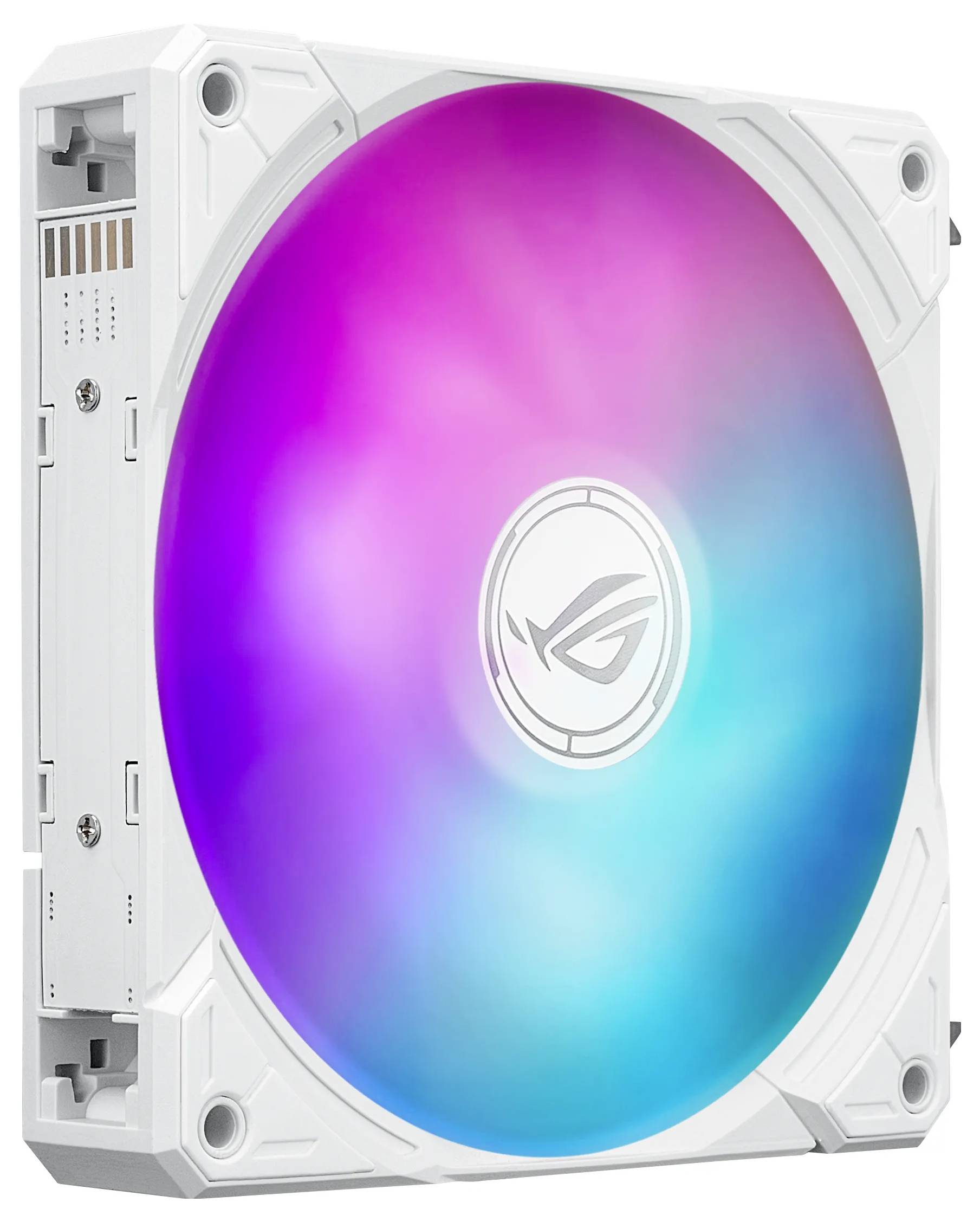 Ein weißer Computerlüfter mit RGB-Beleuchtung, der einen Farbverlauf von Rosa, Lila und Blau zeigt, konzipiert für Kühlung und Beleuchtung.