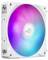 Ein weißer Computerlüfter mit RGB-Beleuchtung, der einen Farbverlauf von Rosa, Lila und Blau zeigt, konzipiert für Kühlung und Beleuchtung.