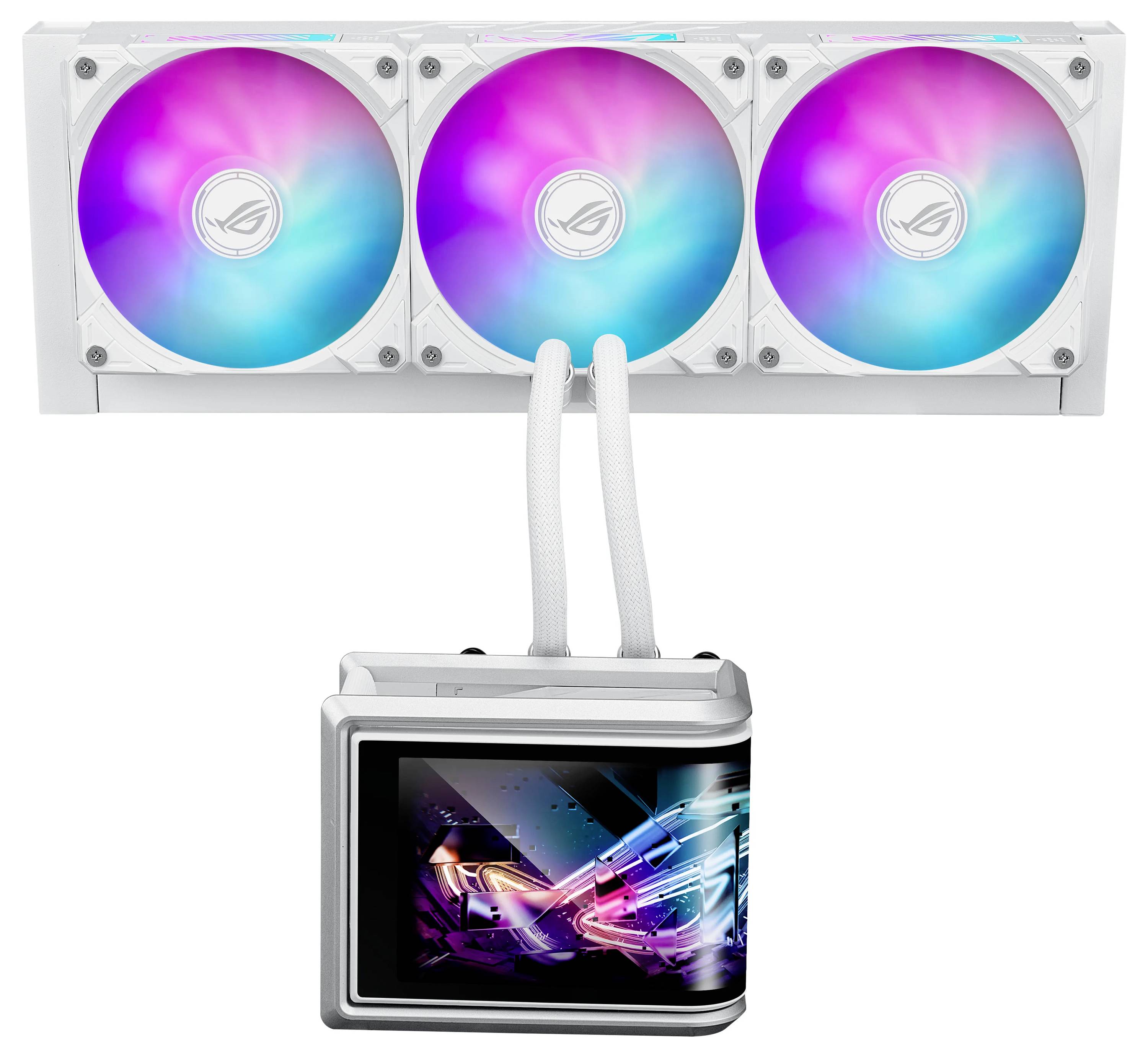Kühlsystem mit drei RGB-beleuchteten Lüftern und einer digitalen Anzeigenheit, die leuchtende Farben zeigt.