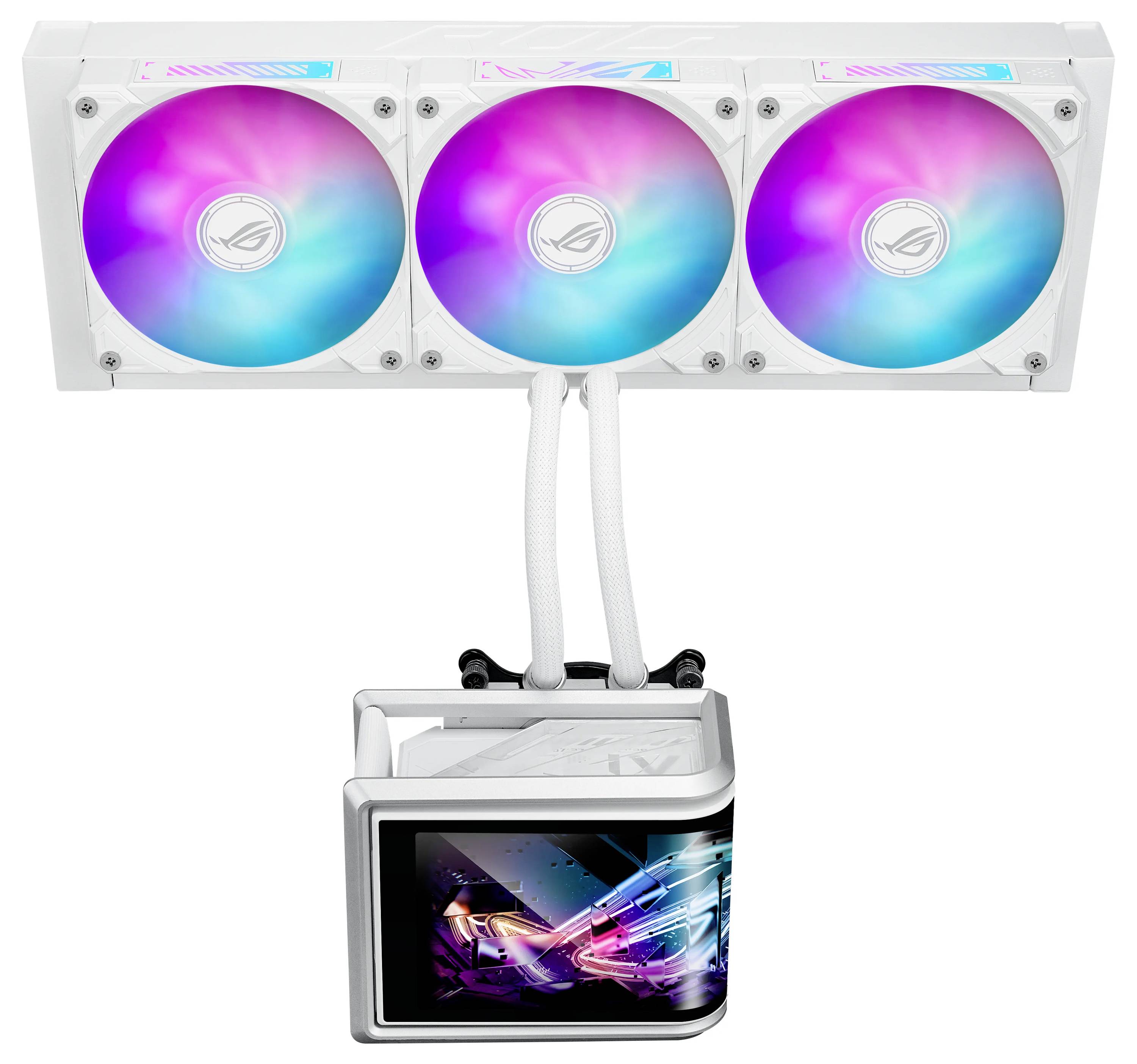 ASUS ROG Strix LC III Weiße Flüssigkeits-CPU-Kühlung mit drei Lüftern, die bunte LED-Beleuchtung und ein integriertes OLED-Display zeigen.