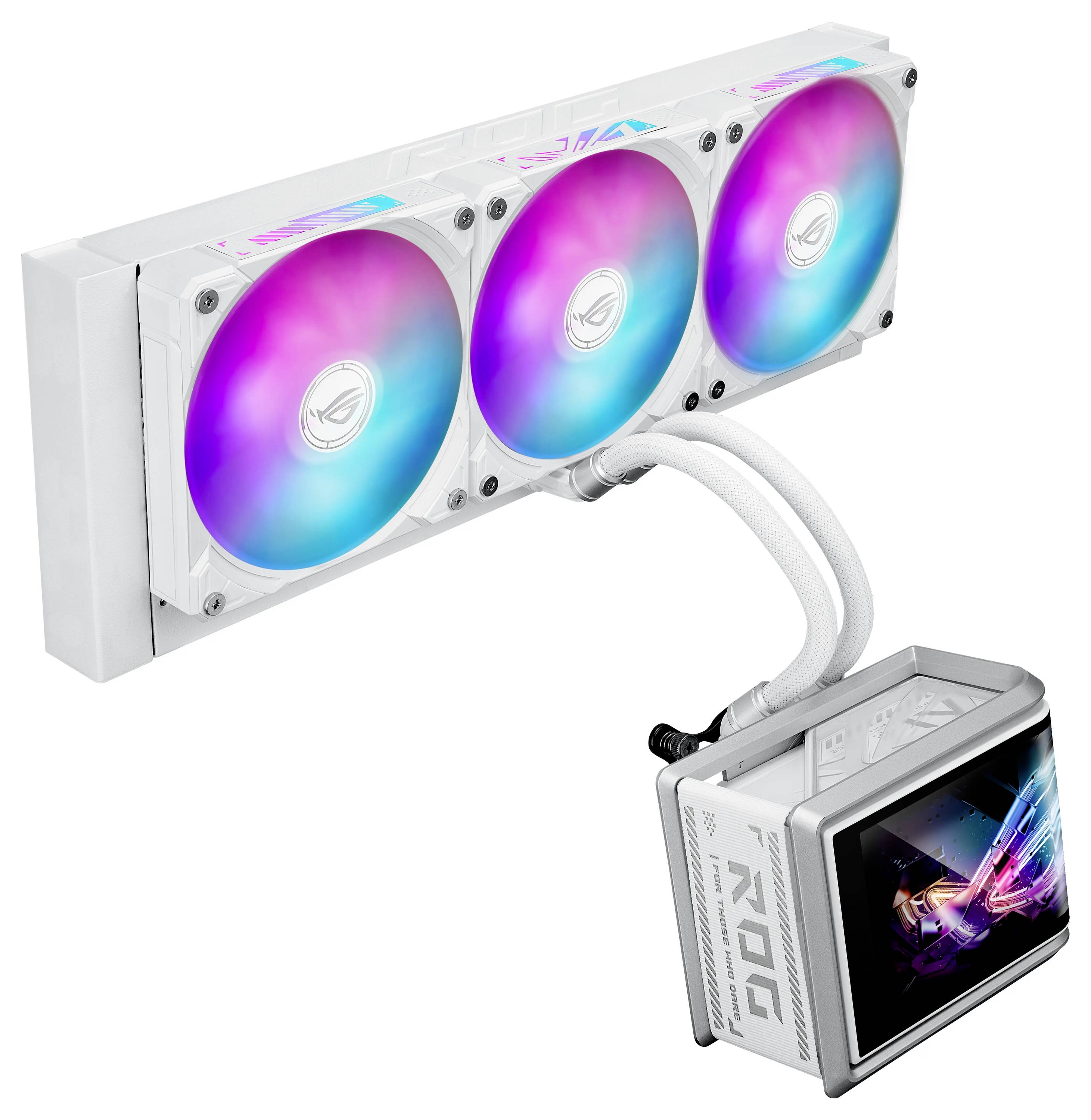 Ein weißes Flüssigkeitskühsystem mit drei RGB-Lüftern und einer rechteckigen Pumpeneinheit mit digitaler Anzeige, entwickelt für Computerbauweisen.