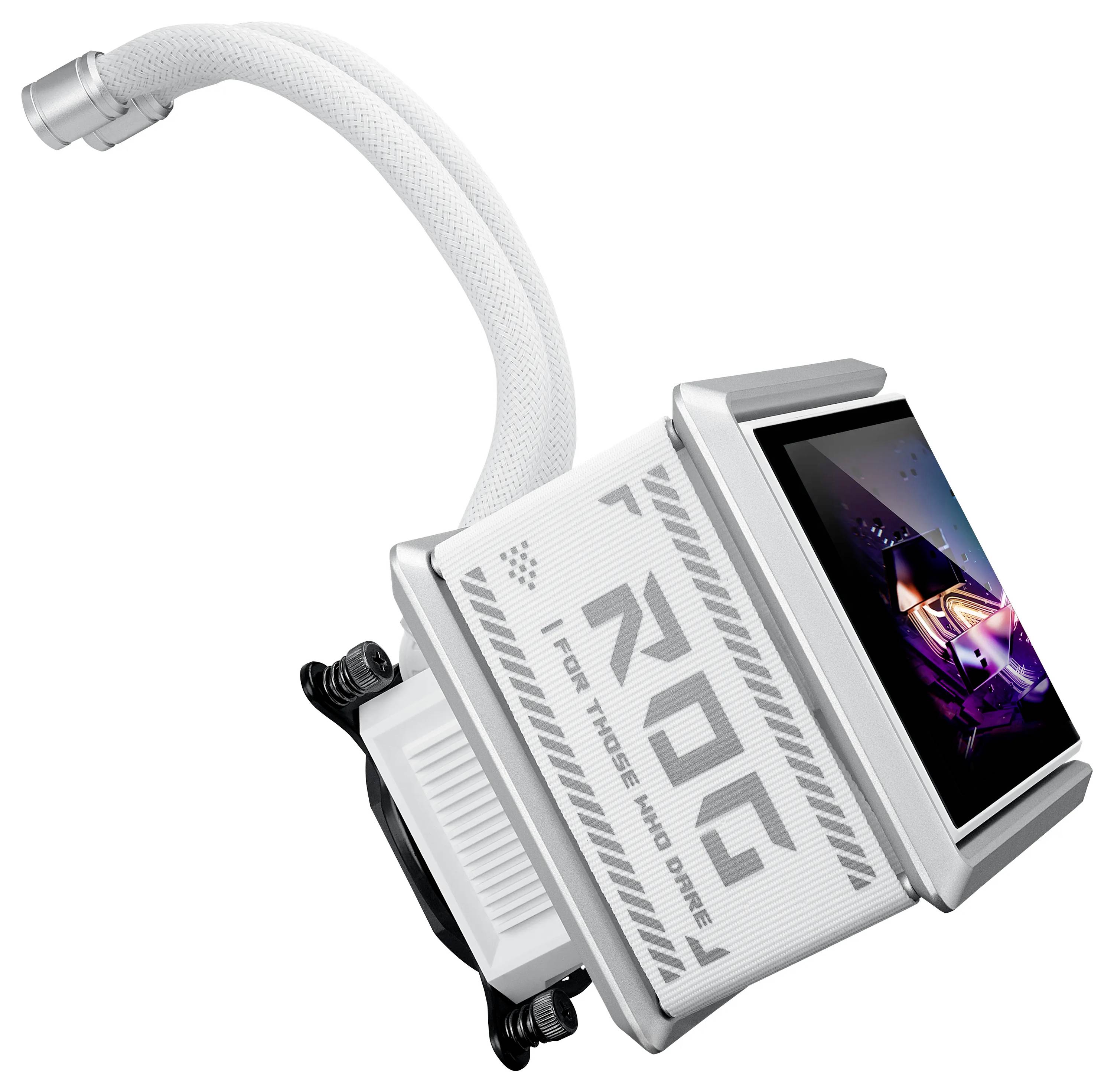 Eine weiße Computerkühlkomponente mit einem Bildschirm, der farbenfrohe Grafiken zeigt. Das Gerät verfügt über Schläuche und Markierungstext „ROG".