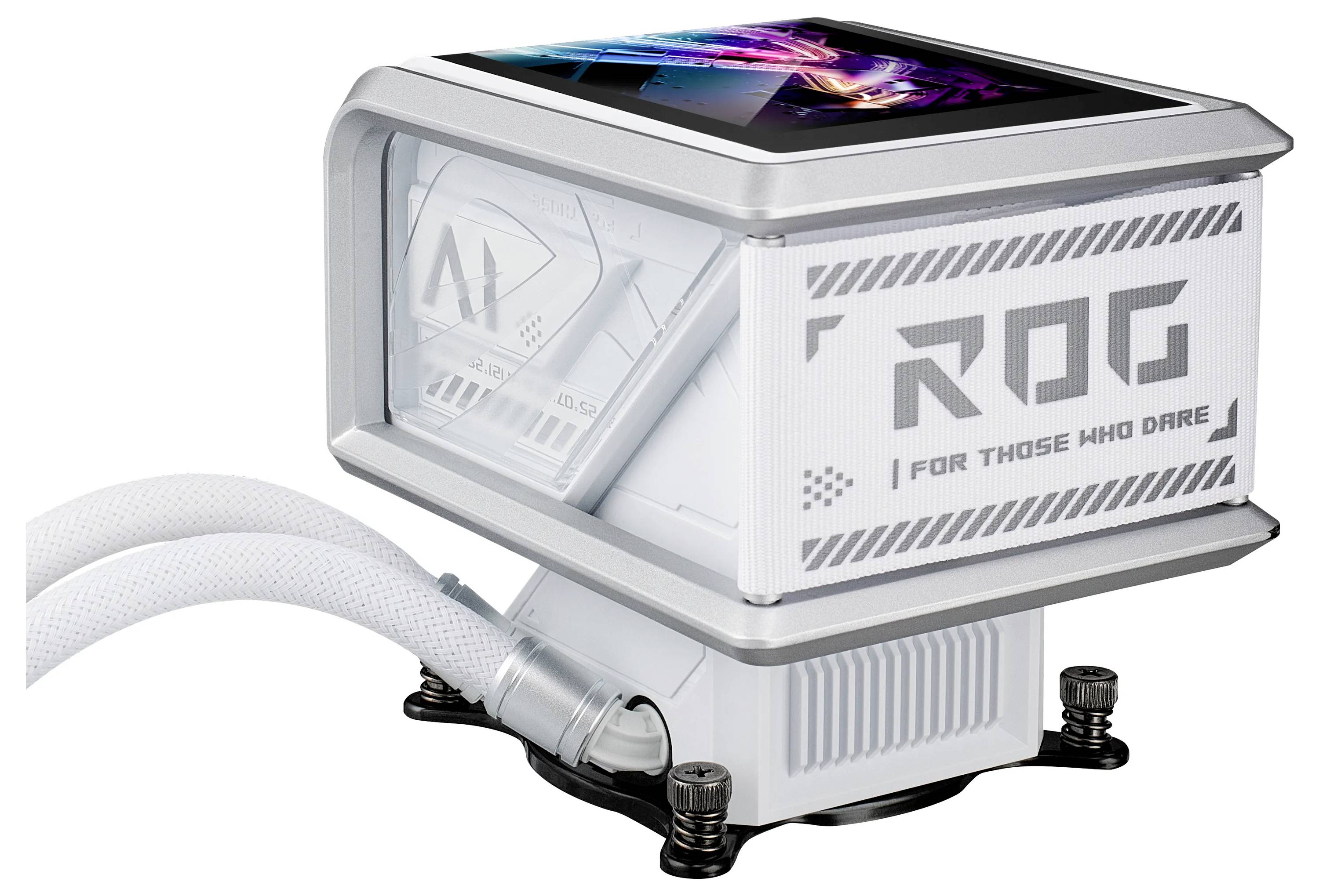 Eine weiße, kastenförmige Computer-Kühleinheit mit der Beschriftung "ROG Für diejenigen, die es wagen" und einem kleinen LED-Bildschirm, der auf der Oberseite eine Grafik zeigt.