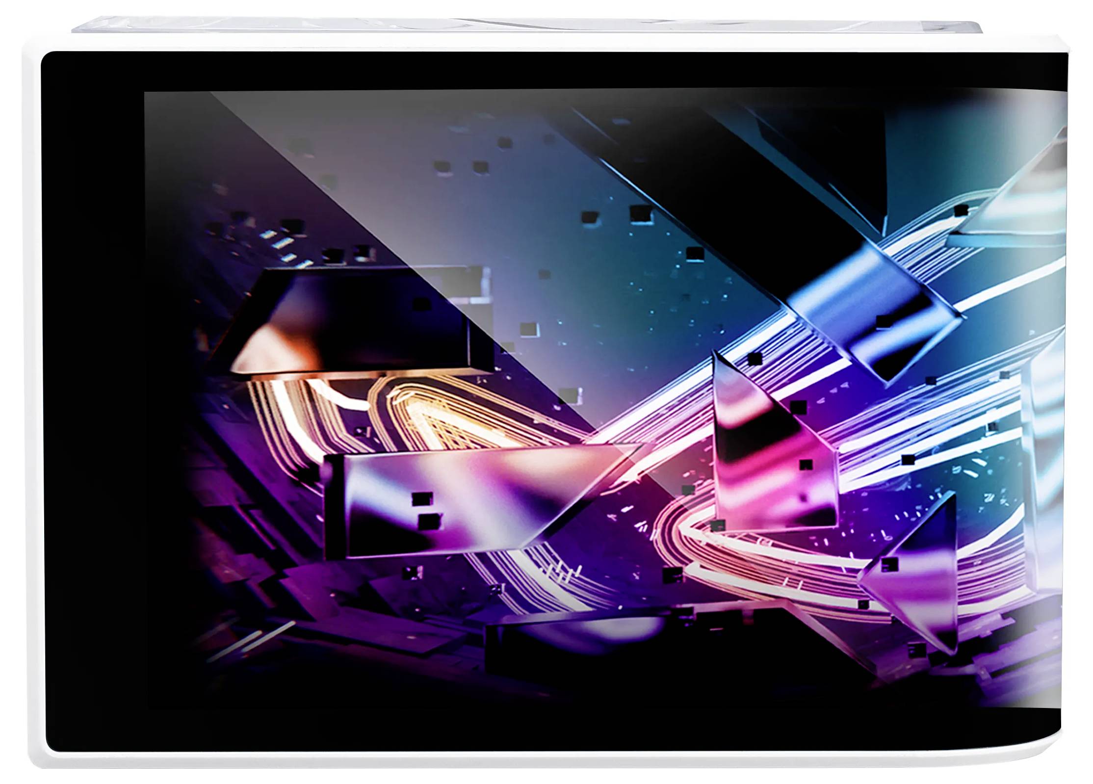 Abstraktes Bild mit lebhaften geometrischen Formen in Blau- und Violetttönen, das dynamische Lichtspuren und digitale Effekte umfasst.