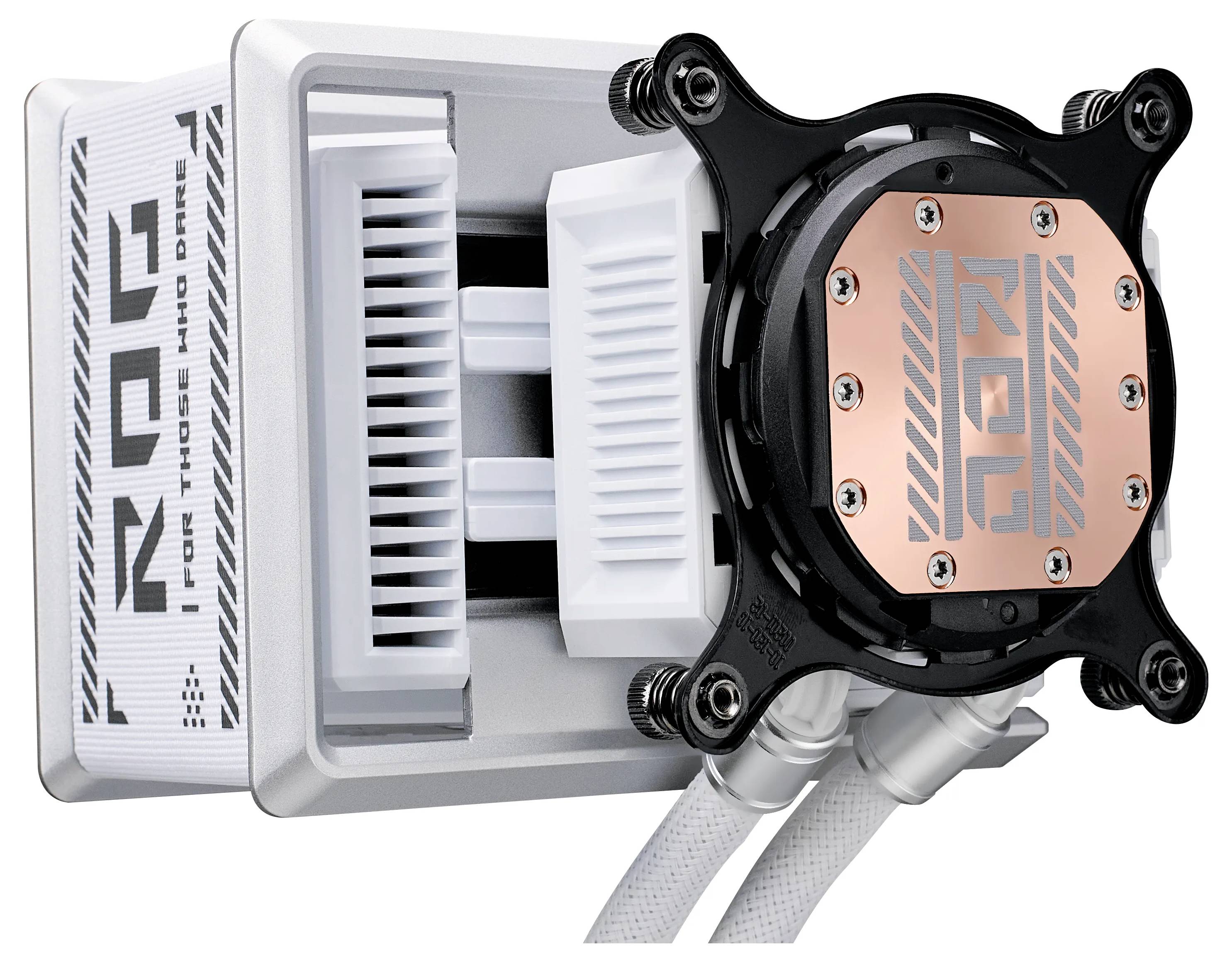 Eine Kühlvorrichtung mit einer Kupferplatte und sichtbaren Anschlüssen, höchstwahrscheinlich für ein Computersystem. Ihr Design deutet auf einen Fokus auf Effizienz und Technologie hin.