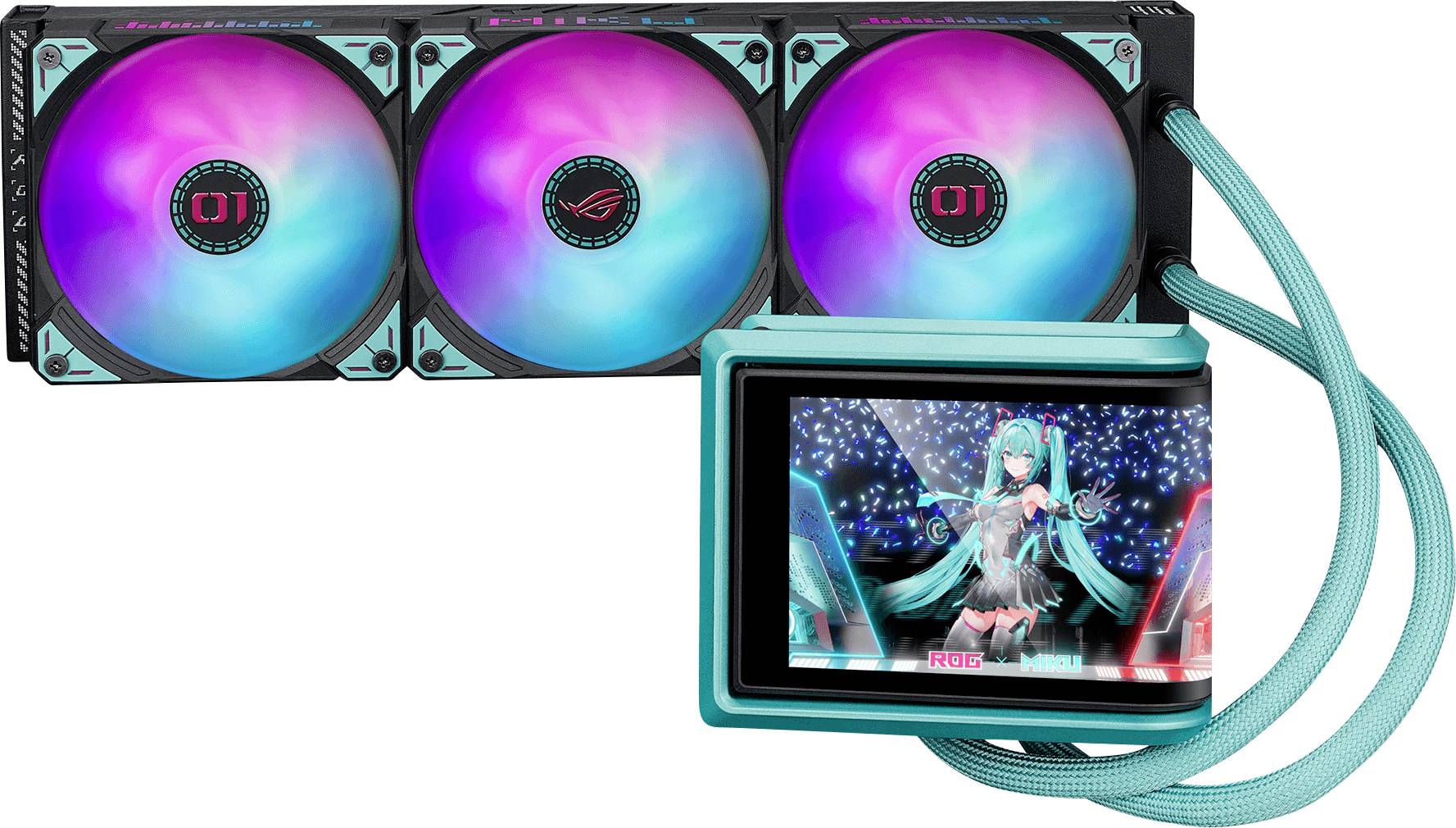 Ein Computerkühsystem mit drei RGB-Lüftern und einem digitalen Display, auf dem eine animierte Figur zu sehen ist. Die Kabel sind türkisfarben.