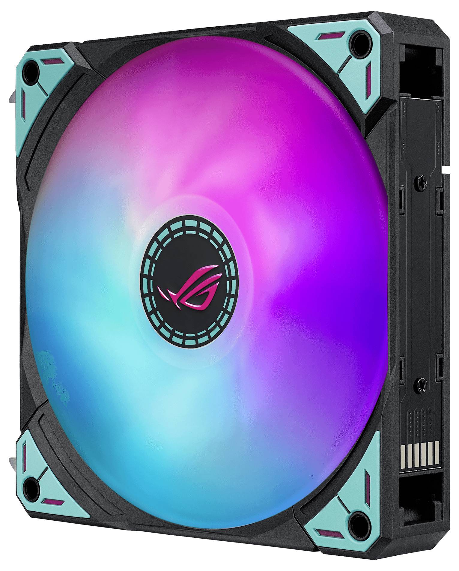 Ein lebendiger LED-Computerlüfter mit RGB-Beleuchtung, der wirbelnde Farben in Rosa, Blau und Lila zeigt, mit einem ROG-Logo in der Mitte.
