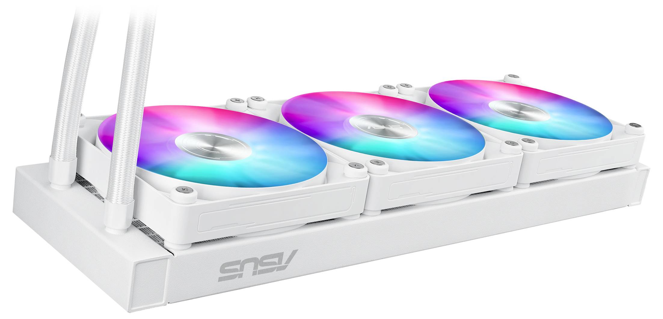 Ein weißes Computer-Kühlsystem mit drei RGB-beleuchteten Lüftern, die jeweils rosa und blaue Farben verschmelzen. Das Gerät trägt das Wort 'ASUS' an der Seite.