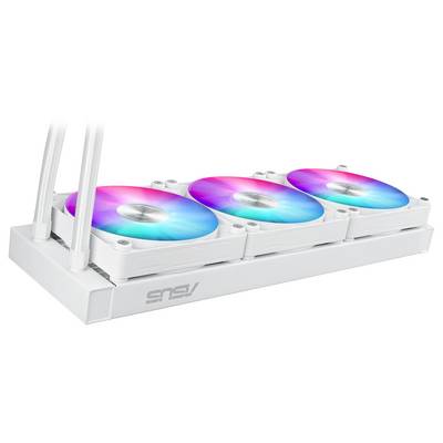 Ein weißes Computer-Kühlsystem mit drei RGB-beleuchteten Lüftern, die jeweils rosa und blaue Farben verschmelzen. Das Gerät trägt das Wort 'ASUS' an der Seite.