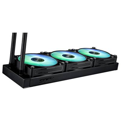 Ein Flüssigkühlsystem für Computer mit drei RGB-beleuchteten Lüftern in einem rechteckigen schwarzen Rahmen, das zur Kühlung von Hochleistungsprozessoren verwendet wird.