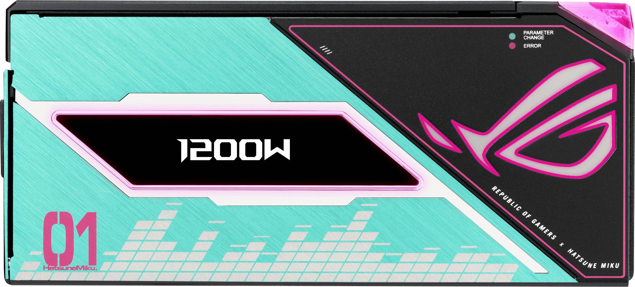 Eine türkisfarbene und schwarze ROG-Netzteileinheit mit der weißen Aufschrift '1200W', die auf der rechten Seite Pink-Akzente und Grafiken aufweist.