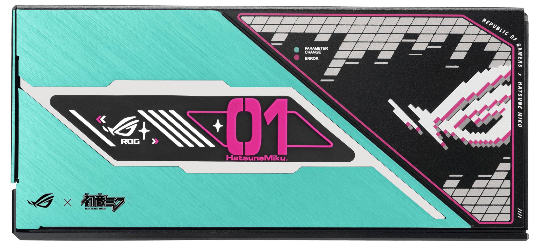 ASUS ROG x Hatsune Miku Grafikkarte mit petrol-schwarzem Design, die Pixel-Art und Logos präsentiert.