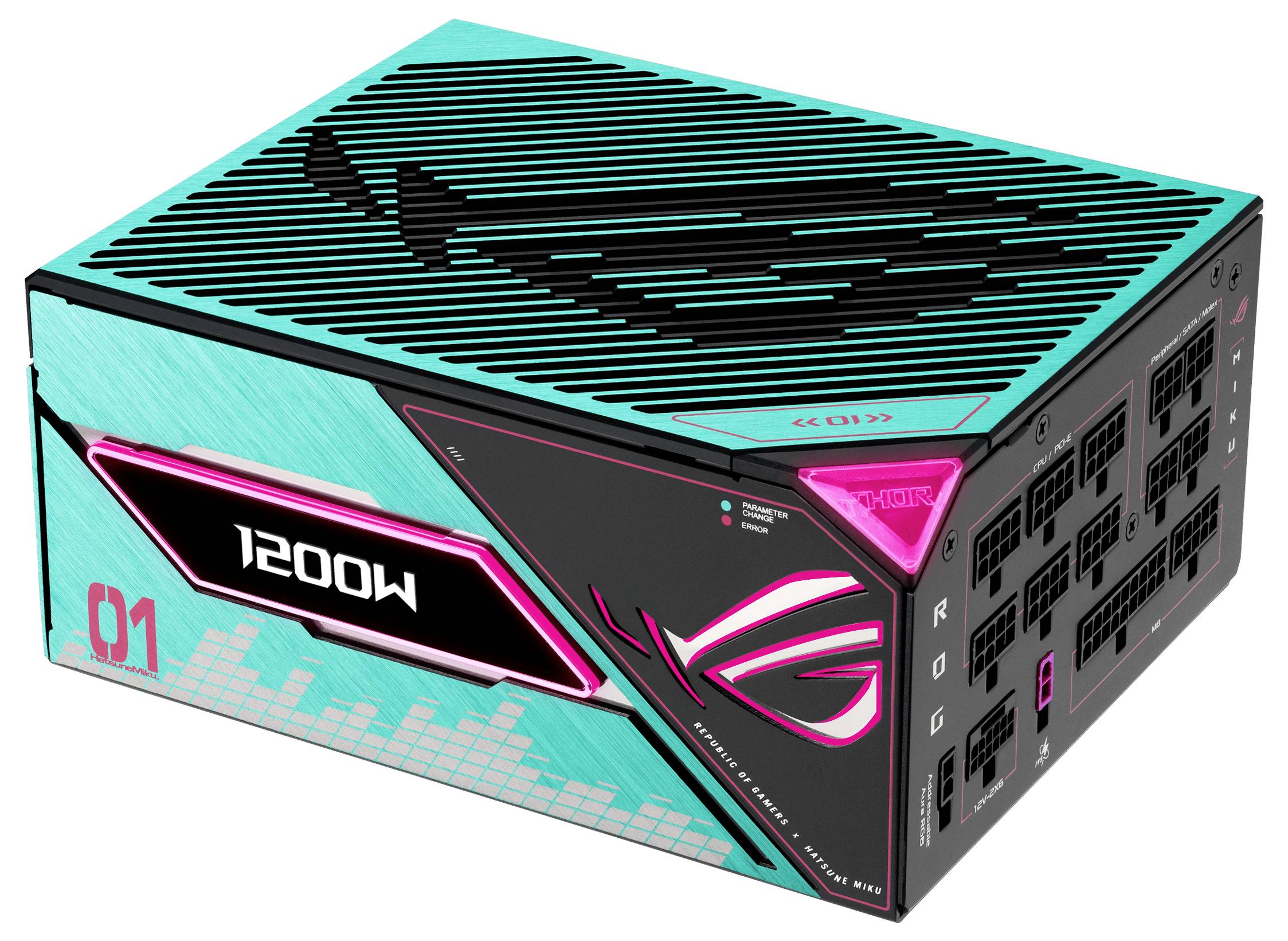 Eine Gaming-Netzteileinheit mit einem petrol-schwarzen Design, die ein auffälliges '1200W'-Etikett trägt und mehrere Anschlussports an der Seite aufweist.