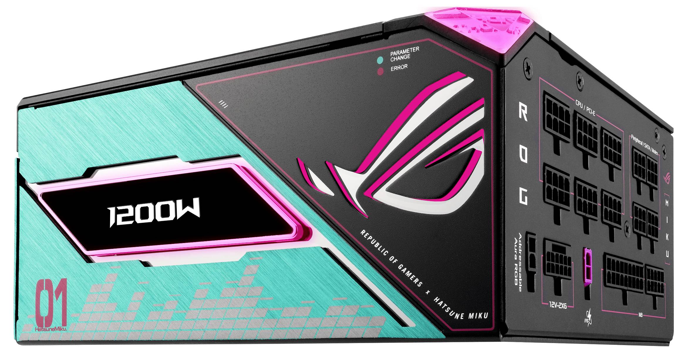 Eine petrolblaue und schwarze Gaming-Netzteil mit der Beschriftung „1200W", versehen mit einem stilisierten Emblem und mehreren Anschlussports an einer Seite.