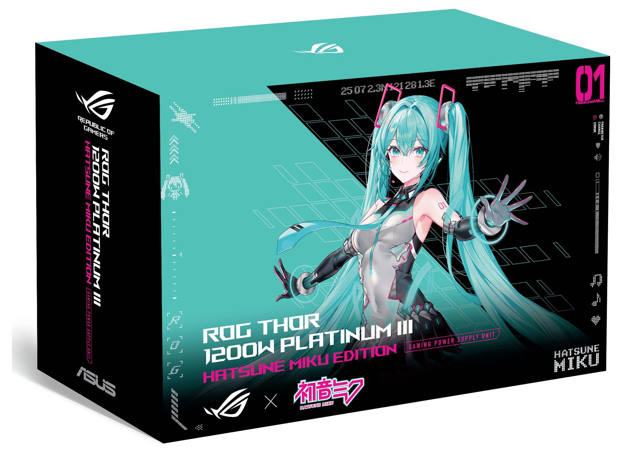 Verpackung einer Box für 'ROG THOR 1200W PLATINUM II HATSUNE MIKU EDITION' mit der Anime-Figur Hatsune Miku in futuristischer Kleidung.