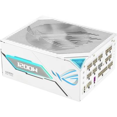 Eine weiße Computernetzteil mit der Aufschrift '1200W' an der Seite, ausgestattet mit mehreren Anschlüssen und leuchtenden Akzentbeleuchtungen.