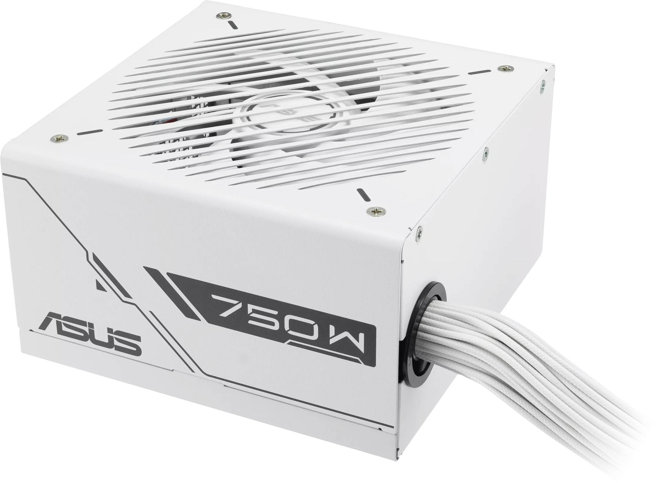 Eine weiße Asus 750W Netzteil mit sichtbarem Lüfter und Kabeln, geeignet für die Stromversorgung eines Desktop-Computersystems.