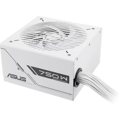 Eine weiße Asus 750W Netzteil mit sichtbarem Lüfter und Kabeln, geeignet für die Stromversorgung eines Desktop-Computersystems.