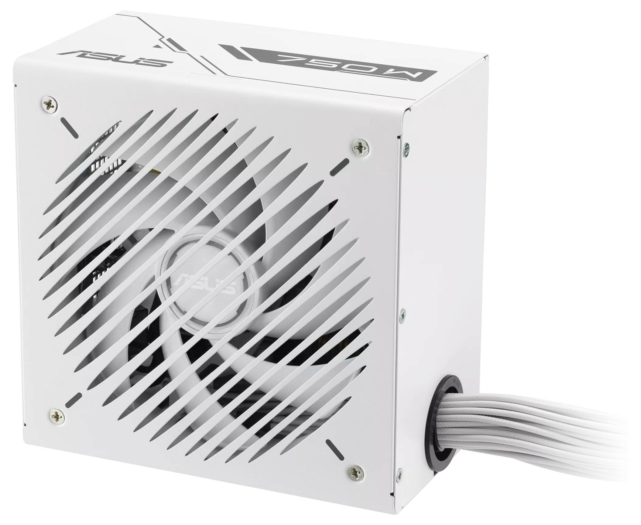 Ein weißes Computer-Netzteil mit der Beschriftung "ASUS 750W", ausgestattet mit einem Lüfter und weißen Kabeln, die an der Seite herausragen.