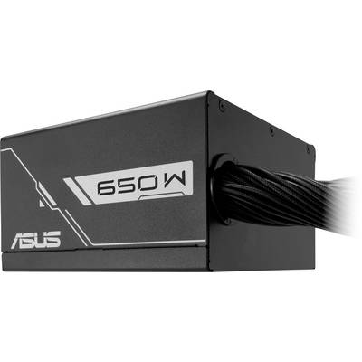 Eine schwarze ASUS-Netzteileinheit mit der Beschriftung '650W' und geflochtenen Kabeln, die seitlich herausragen, entwickelt für Desktop-Computer.