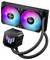 Ein RGB-Flüssigkeitskühler für CPUs mit Doppellüftern, die bunte Lichter ausstrahlen und ein ASUS TUF-Logo auf der Pumpe zeigen, entwickelt für eine effiziente Wärmeableitung.