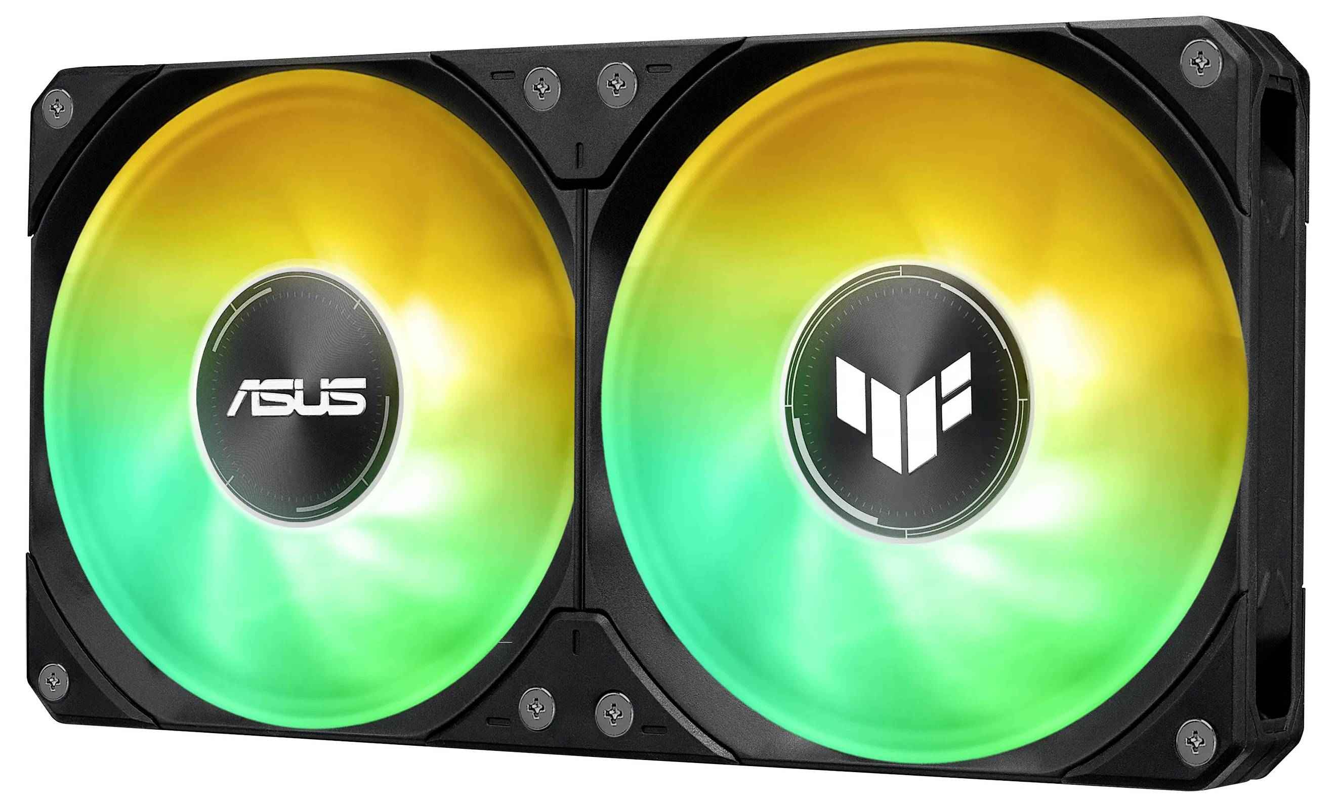 Eine Doppellüftereinheit mit Asus-Branding verfügt über gelbe und grüne LED-Beleuchtung, die ihr technisches Design und ihre Kühlungsfunktionalität hervorhebt.